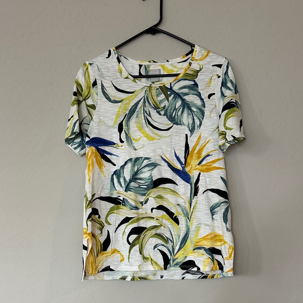 Chico's Tropical Leaf Print Short Sleeve Top, Size S